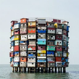 a circular tower, made up of colourful makeshift squatter shacks suspended over water, dystopia, sony a 7 r 3, f 1 1, fully frontal view, ultra detailed, photographed by hiroshi sugimoto,
