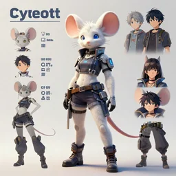 character reference sheet of a female anthropomorphic albino mouse fursona wearing cyberpunk clothes. character design by disney, charlie bowater, ross tran, artgerm, and makoto shinkai, detailed, soft lighting, rendered in octane