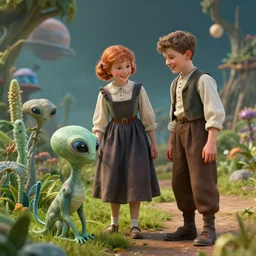 a girl and a boy standing next to some alien plants, looking happy, wearing 1910 era clothes, they are playing with their small pet alien creature, in a park on a alien planet, extremely highly detailed, ultra realistic facial details, ultra photorealistic raytracing, octane, 8k
