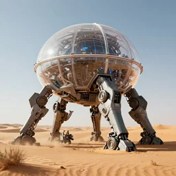 arcology oasis transparent dome resting upon massive robot mecha legs, trundling across the desert dunes. unreal engine, octane, raytrace. rtx 3 8 4 0 x 2 1 6 0