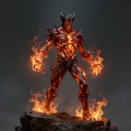 fantasy concept art of an evil man with his body fully covered in burns shooting black fire out of his hands standing menacingly on a boulder, high detail