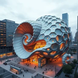 daniel simon design ; a beautiful hyperrealistic ultradetailed 3 d render of an hybrid nautilus and squid shaped museum in the city, by brian sum and stephen martiniere and antonio manzanedo. mech, unreal engine, octane render, pbr, 3 d, brilliantly colored, intricate, wide angle, volumetric lighting, polished, path tracing,