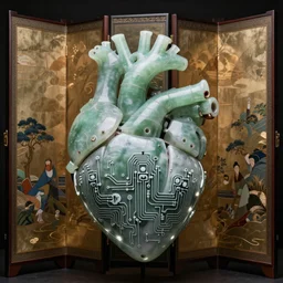 hyper realistic CYBERNETIC PRINCESS Funerary heart with printed circuits that aim to emulate that of the articulated jade panels of Princess Tou Wan. The princess is surrounded by a folding screen covered in silk and with oriental motifs.