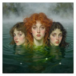 hyperrealist portrait in a river, submerge, very dark green water algae, stars by alphonse mucha and lucian freud and bouguereau, fog, very detailed faces