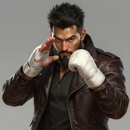 a highly detailed illustration of bearded asian man wearing leather jacket with bandaged right hand, focused boxing philly shell stance pose, hands shielding face, intricate, elegant, highly detailed, centered, digital painting, artstation, concept art, smooth, sharp focus, league of legends concept art, WLOP
