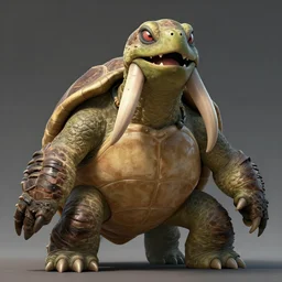 a giant angry!!! turtle kaiju!!! with a large head and large tusks!!!!!! standing upright!!!, concept art, artstation, digital art, extremely detailed!!!