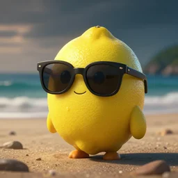 a photo of a cute lemon wearing sunglasses at the beach, dramatic lighting, cinematic, establishing shot, extremly high detail, photorealistic, cinematic lighting, artstation, style by greg rutkowski