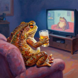 hyper realistic oil painting of toad watching a tv movie chill on the couch and drink beer, vibrant colors, high contrast, by greg rutkowski, trending on artstation, caricaturist