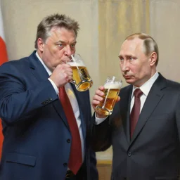 viktor orban drinking beer with putin, anatomically correct, oil painting, highly detailed