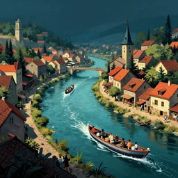 nice little town with a river passing through and boats transporting people gameplay still frame, 4 colors, retro, splash screen, level design, high contrast, background, deep focus, highly detailed, dramatic lighting, digital painting, artstation, concept art, matte, greg rutkowski, moebius, illustration.