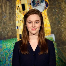 a portrait of female asa Butterfield mixed with pam beesly, content, kind, slight smile, surrounded by plants, smaller eyes by gustav klimt