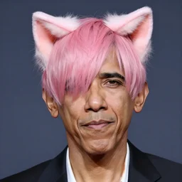 a pale Barack Obama with pink hair and cat ears, bang covering one eye