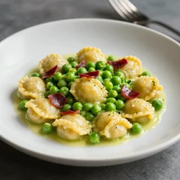 gnocchi with speck and peas sauce, food photography