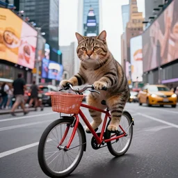 a photorealistic, 4 k, photoshoot of a cat riding a bicycle though times square