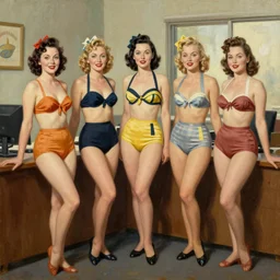 1940s group of pinup bikini girls in the office, oil painting, by Gil Elvgren