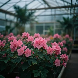 a tropical greenhouse with pink flowers, moody, cinematic colors, bokeh