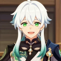 white haired young guy with green eyes, laughing, beautiful anime portrait, symmetry, ecchi style, makoto shinkai, genshin impact, high quality, art, long shot
