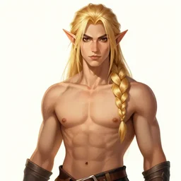 a half elf with long blonde hair braided till waist, dark brown eyes, full lips, muscular and lean build, character art, character drawing, highly detailed