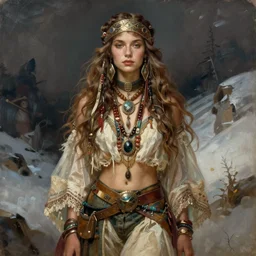 in full growth portrait of hippie model girl jodhpurs hyperborea winter traveler treasure hunter greg manchess painting by sargent and leyendecker, fantasy, medium shot, asymmetrical, intricate, elegant, matte painting, illustration, hearthstone, by rhads, by greg rutkowski, by greg tocchini, by james gilleard, by joe fenton