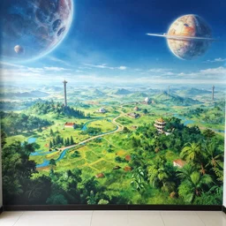 beautiful landscape mural of a great advanced civilization in an alien planet, lush landscape, vivid colors, intricate, highly detailed, masterful, fantasy world, in the style of moebius, akira toriyama, jean giraud