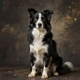 portrait of a sitting Cerberus border collie in the style of hades