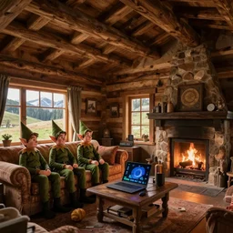 wooden cottage, living room, elves sitting on the couch, high-tech devices, traditional fireplace, concept art