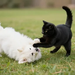 of a black cat playing with a white dog