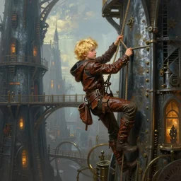 landscape painting of a blonde boy epic fantasy thief in brown leathers using a rope to climb a tall metal steampunk buildings within a fantasy city which has walkways and lit windows, fine details, magali villeneuve, artgerm, rutkowski