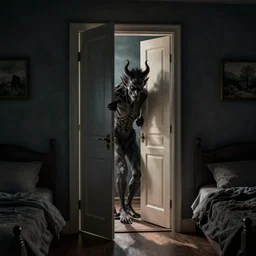 sleep paralysis demon peeking through ajar door, dark bedroom, by Bastien Lecouffe-Deharme