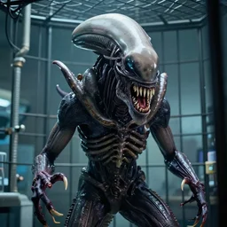 “xenomorph demogorgan hybrid angry in cage in a lab, with heavily salivating razor sharp teeth”