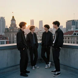a small rooftop with a couple of modern teenagers, standing and talking to each other, wearing black modern clothes, modern shanghai bund is on the background, sunset, by gregory crewdson, by asher brown durand, by thomas kinkad