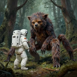 an astronaut comes a across a strange creature, a furry animal with six legs covered in thick fur, in a forest, a detailed matte painting by frieke janssens, featured on cgsociety, fantasy art, matte painting, reimagined by industrial light and magic, matte drawing