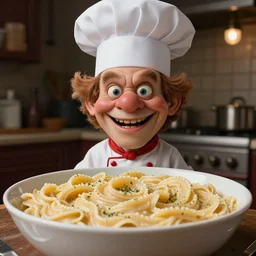 a crazed weird al wearing a chef's hat and uniform with half of his lower body inside a bowl of alfredo, realistic, hyperrealistic, ultra realistic, real, real world, highly detailed, very detailed, extremely detailed, intricate details, 8 k resolution, hd quality