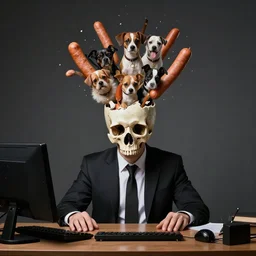 a perfect portrait of a man at a desk, his head has burst open and a bouquet of dogs and frankfurters has erupted from his shattering skull. perfect studio lighting.