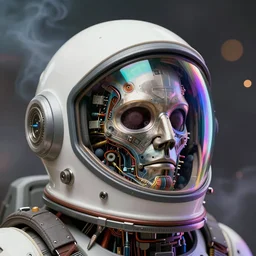 biomechanical head inside a futuristic space helmet by Roberto Ferri, vintage transistors, white plastic, iridescent visor, nebulous gas background. intricate artwork by artgerm and Moebius, octane render, cinematic, hyper realism, 8k, depth of field, bokeh, vibrant