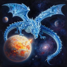 prompt crystalline blue dragon in space, devouring a planet, planets, sun system, nebula, oil painting, by Fernanda Suarez and and Edgar Maxence and greg rutkowski