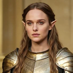 head and shoulders portrait of a female knight, young natalie portman, elf, golden etched armor, game of thrones, eldritch, by artgerm, alphonse mucha, silken hair, etched breastplate, sharp focus, high key lighting, vogue fashion photo