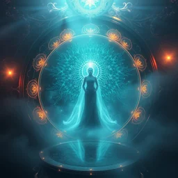 goddess of illusion, beautiful, stunning, breathtaking, mirrors, glass, magic circle, magic doorway, fantasy, mist, bioluminescence, hyper - realistic, unreal engine