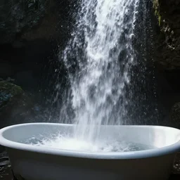 a waterfall falls inside a bathtub, digital painting, high contrast, unreal engine render, volumetric lighting, high détail