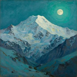 mt elbrus, arkhip kuindzhi painting, moon light, teal palette, christian mysticism