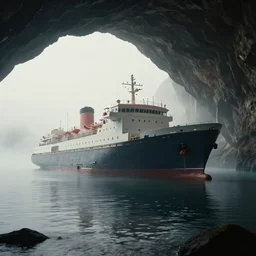cinematic shot of a large ship sitting on a lake inside a cavern, light fog, trending on artstation, ambient light, 4 k, masterpiece