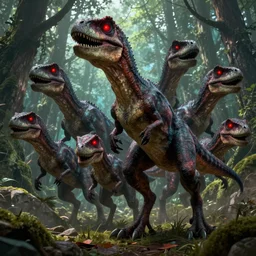group of mutated nightmare raptors, red glowing eyes, hunting in the forest. in style of greg rutkowski and hyung - tae kim, trending on artstation, grimdark fantasy, great composition, highly detailed, dynamic pose, vibrant colors, epic, 8 k, unreal engine, octane render