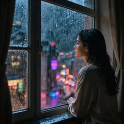 ana de armas looking out a window on a rainy night, nighttime!, raining!!, colorful city light reflections!!