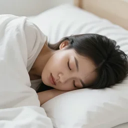 face portrait of sleeping girl in the white bed