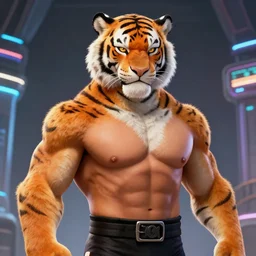 character portrait of a male anthro Tiger fursona dressed like Macho Man Randy Savage in a futuristic wrestling ring. Character design by charlie bowater, ross tran, artgerm, and makoto shinkai, detailed, inked, western comic book art