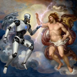 robot with beard is touching a human, they are on the clouds, transferring new energy through lightning, creazione di adamo, classical painting