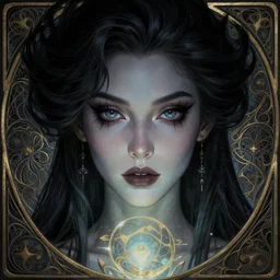 Necromancer Sorceress face close-up macro in center, fantasy magic, undercut hairstyle, dark light night, intricate, elegant, sharp focus, illustration, highly detailed, digital painting, concept art, matte, art by WLOP and Artgerm and Greg Rutkowski and Alphonse Mucha, masterpiece
