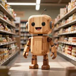 a happy anthropromorphic robot made out of wood in a grocery store