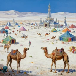 colored merchant tents at a sprawling temple city of chrome, white salt desert dunes, matte oil painting, humanoid anthropomorphic camel people, retrofuturistic, science fantasy, mutant, lgbt, queer, rpg, epic, badlands, slime, sentient plants, dungeons & dragons, sacred, sharp focus, award - winning, extremely detailed, 4 k, 8 k