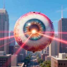 destructive giant laser shooting eyeball floating on the city, photorealistic, highly detailed, sharp focus, vivid, colorful, symmetrical, random, convoluted, mind - blowing, creative, fully functional, end of the world, physics defying, amazing, cool, hdr